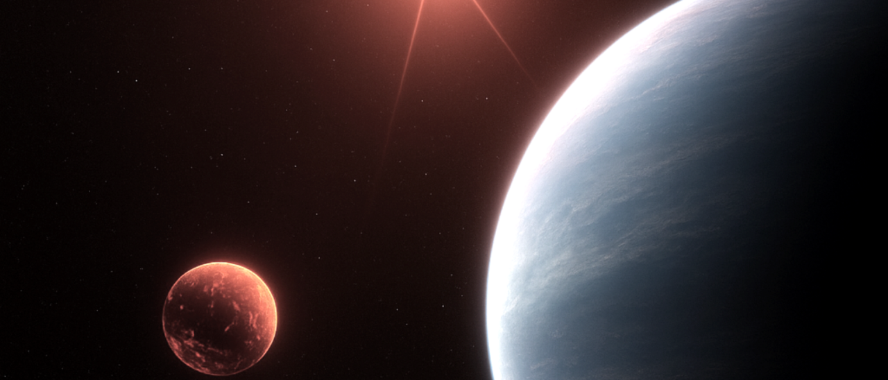 Representación artística del sistema planetario TOI-1752 y sus dos exoplanetas: el mundo de lava TOI-1752 b y el potencialmente habitable TOI-1752 c. Crédito: Alberto Peláez Torres (IAA-CSIC)