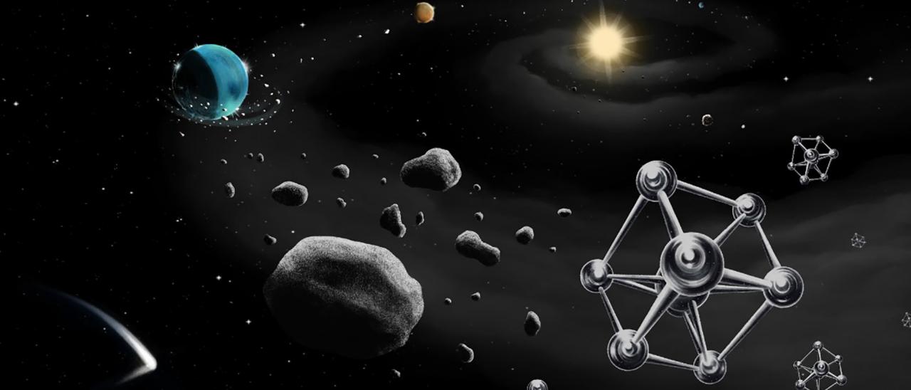 Illustration of the formation of a planet round a star similar to the Sun, with rocks and iron molecules, the basic components of planets, in the foreground. Credit: Tania Cunha (Planetário do Porto - Centro Ciência Viva & Instituto de Astrofísica e Ciências do Espaço).