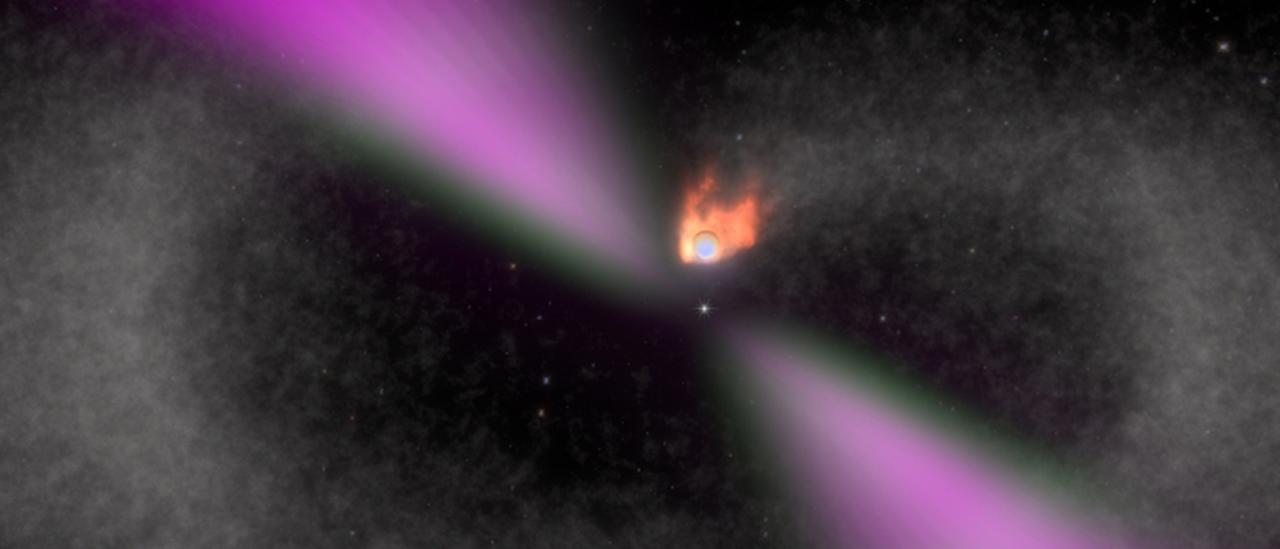 Una imagen ilustrada de un púlsar viuda negra y su compañera estelar. Créditos: NASA's Goddard Space Flight Center/Cruz deWilde