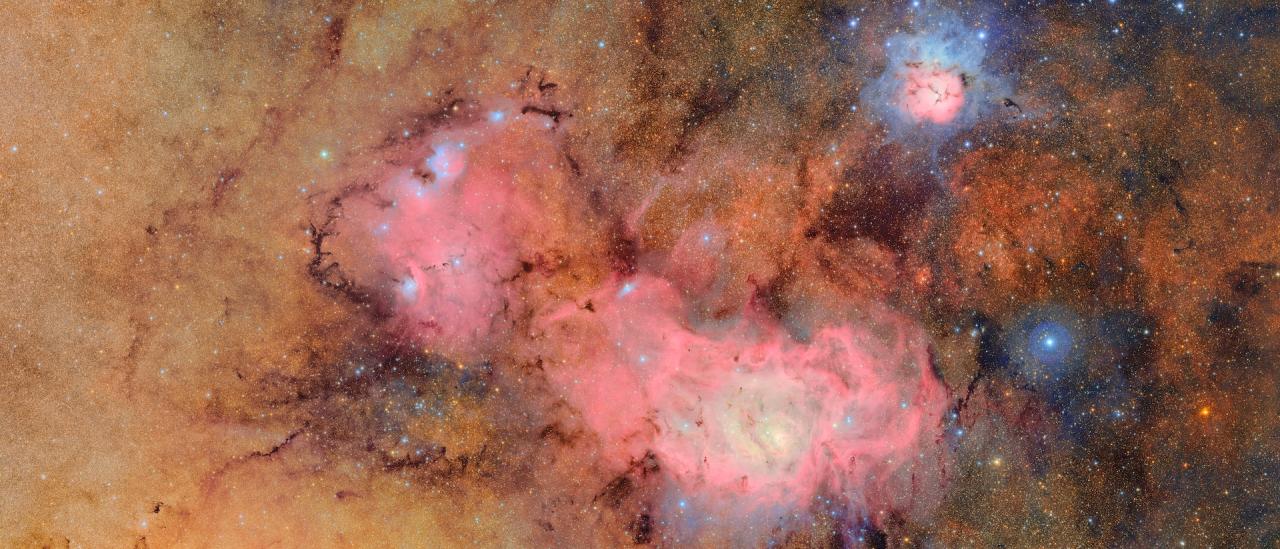 Las primeras imágenes de las nebulosas Trífida y Laguna captadas por el Observatorio Vera C. Rubin. Esta imagen combina 678 imágenes separadas tomadas en poco más de siete horas de tiempo de observación