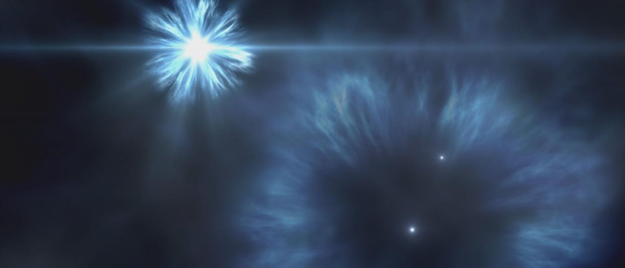 Imagen artística de la explosiones de supernova de las primeras estrellas masivas que se formaron en la Vía Láctea. La estrella J0815+4729 se formó a partir del material eyectado por estas primeras supernovas