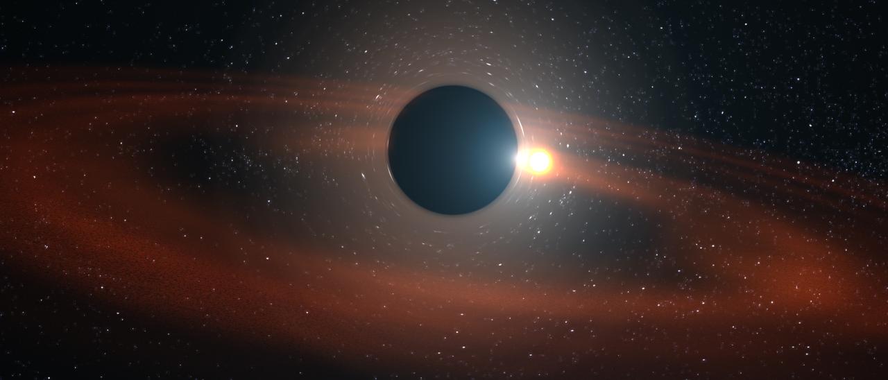 Recreation of a burst, identified as CSS161010, in which a small black hole swallows a star. Credits: Gabriel Pérez (IAC)
