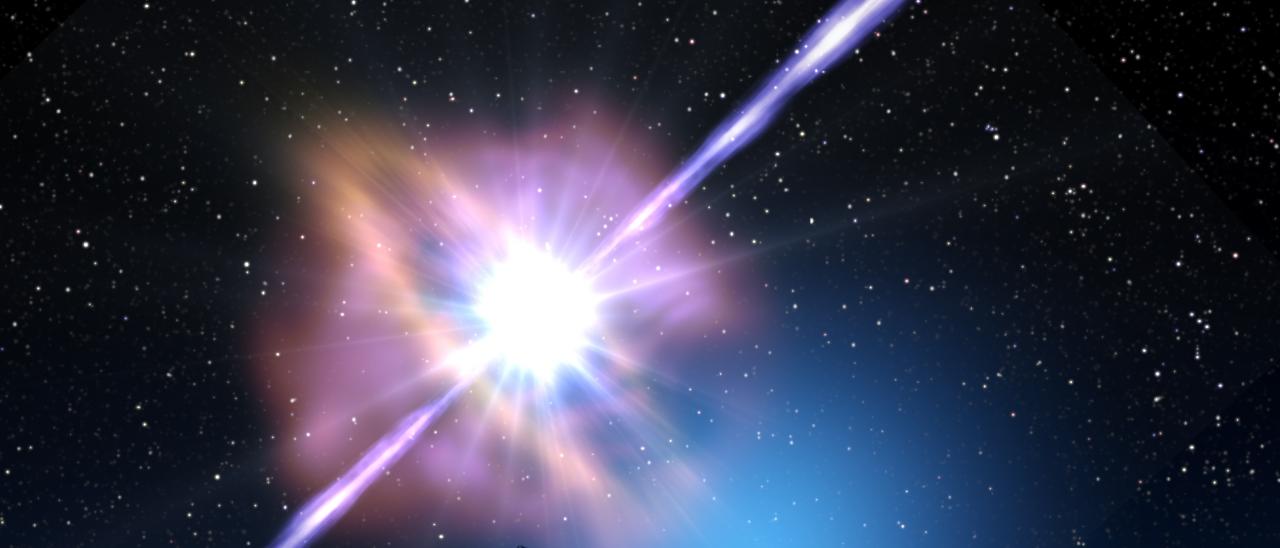 Representación artística del estallido de rayos gamma GRB 190114C, detectado por los telescopios MAGIC en enero de 2019. Este descubrimiento desvela, por primera vez, la componente más energética de los estallidos de rayos gamma. Crédito: Gabriel Pérez Díaz (IAC).