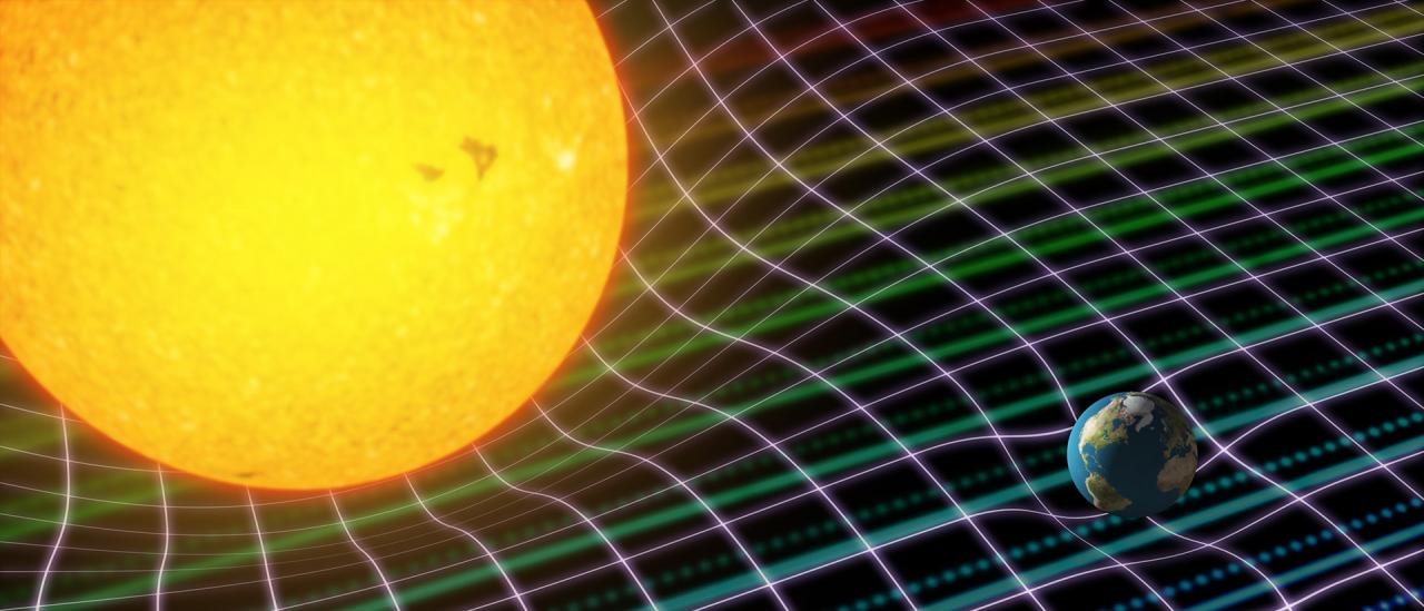 Representación artística del Sol, la Tierra y la Luna (no a escala) con la curvatura espacio-tiempo de la Relatividad General de Einstein sobre el espectro de la luz del Sol reflejada en la Luna (en colores desde el azul al rojo). El espectro está tomado con el instrumento HARPS y calibrado con el LFC. Crédito: Gabriel Pérez Díaz, SMM (IAC).