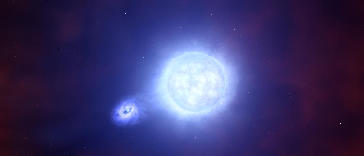 Artist's impression of a binary system in which a compact star steals matter from its companion. Credit: ESO/L. Calçada