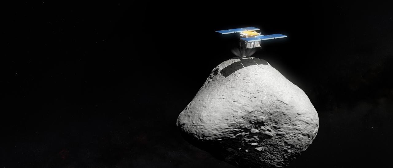 An artist's impression of Japan’s Hayabusa2 space mission touching down on the surface of the asteroid 1998 KY26.