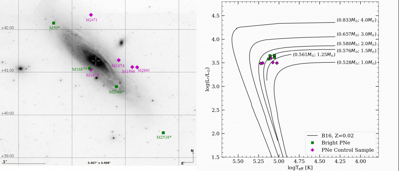 Izda: Posición de las NPs estudiadas en la galaxia M31. Dcha: Diagrama Hertzsprung-Russell con la localización de las NPs y las trazas teóricas. Nótese cómo las NPs brillantes (cuadrados verdes) se agrupan en la traza de 1.5 Msol.