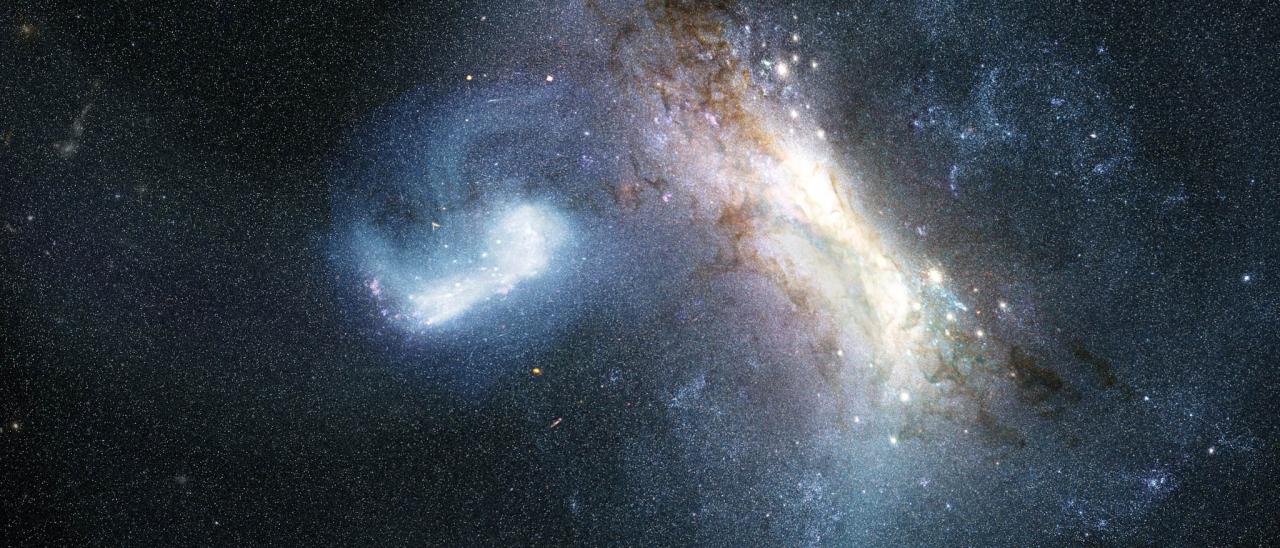 An artist’s impression of the collision between a dwarf galaxy known as LKH (left) and a young Milky Way (right), some 12 billion years ago.