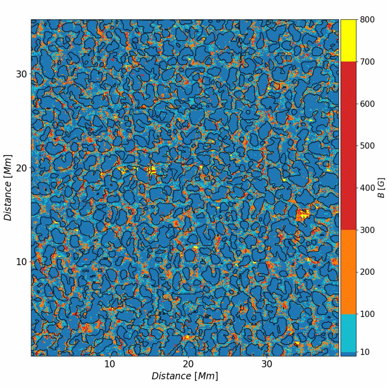 Average magnetic field of the quiet Sun as inferred from the observational data. Black contours display the frontier between granules and intergranules (i.e., Ic = 1.0, where Ic is the continuum intensity). The magnetic field strength color bar has been clipped at 800 G.