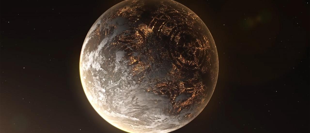 Recreación artística de un hipotético exoplaneta con luces artificiales en el lado nocturno. Crédito: Rafael Luis Méndez Peña/Sciworthy.com