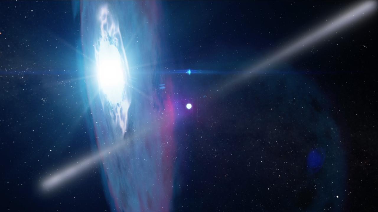 El púlsar PSR J2032+4127 en su momento de máximo acercamiento a la estrella MT91 213, una estrella azul con un disco de materia a su alrededor. Crédito: NASA’s Goddard Space Flight Center 