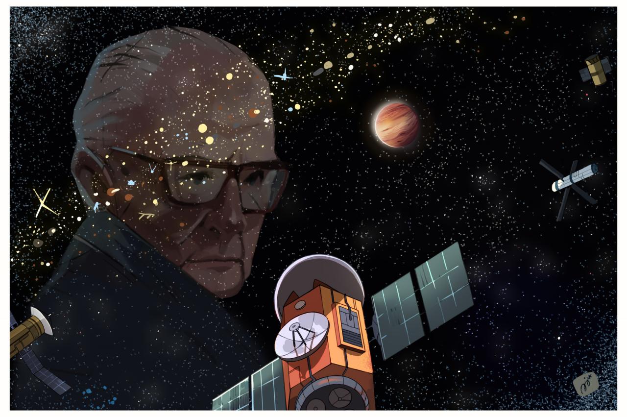 Artistic representations of a Clarke exobelt with and without a portrait of Sir Arthur C. Clarke