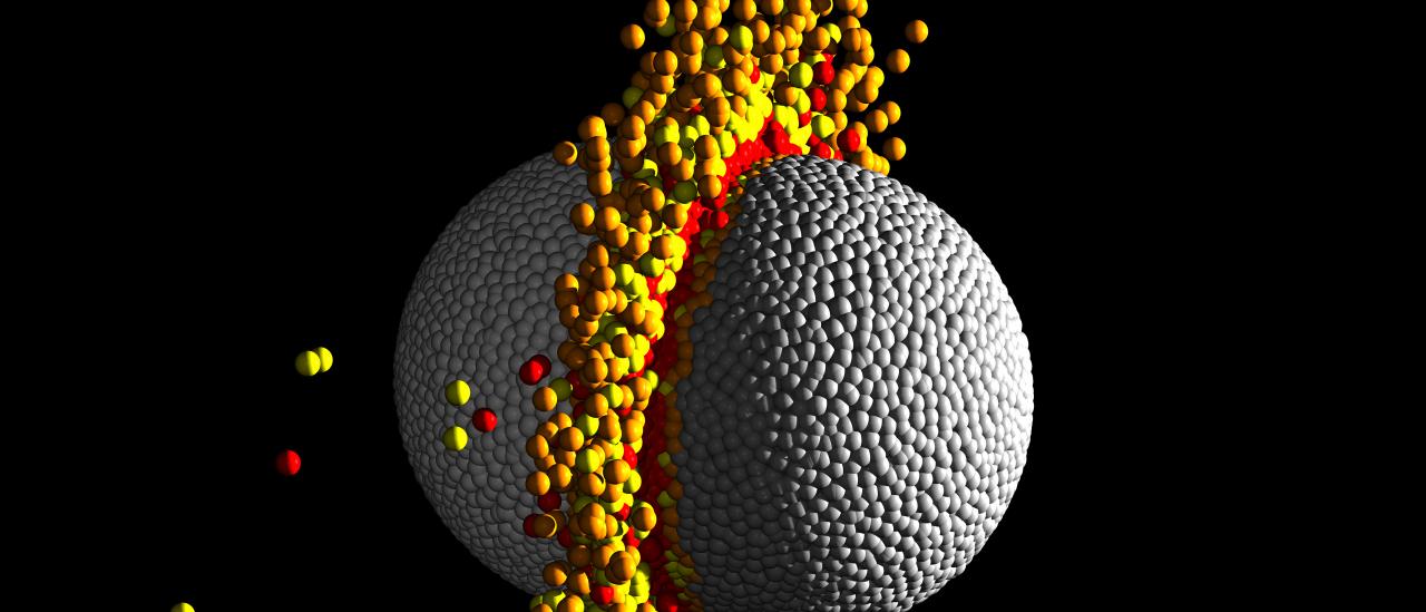 Simulación hidrodinámica de una colisión frontal de alta velocidad entre dos planetas de la masa terrestre.