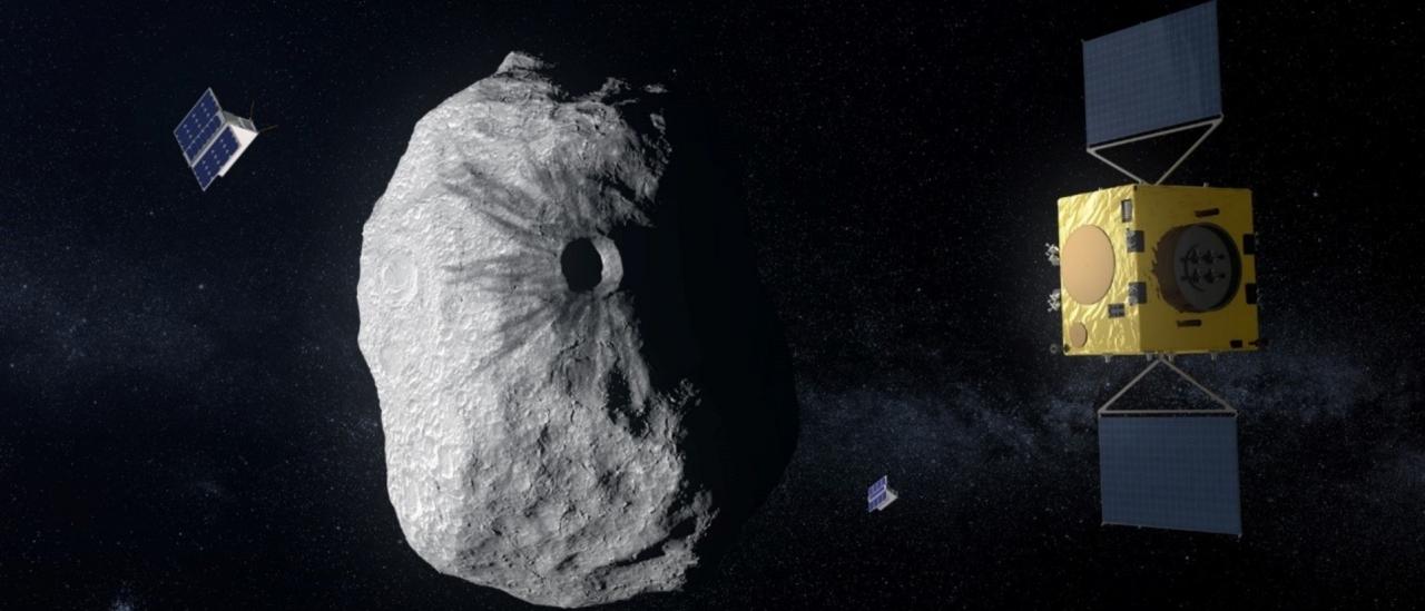 ESA’s Hera mission concept, currently under study, would be humanity’s first mission to a binary asteroid: the 780 m-diameter Didymos is accompanied by a 160 m-diameter secondary body.