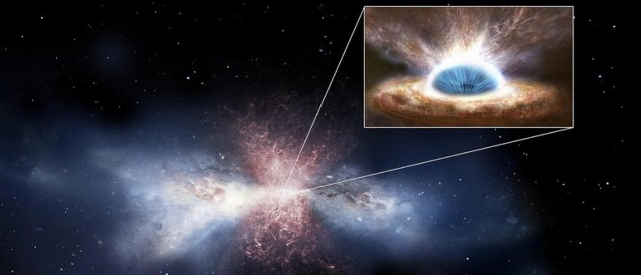Black-hole winds sweep away the gas in galaxies - Artist's impression. 