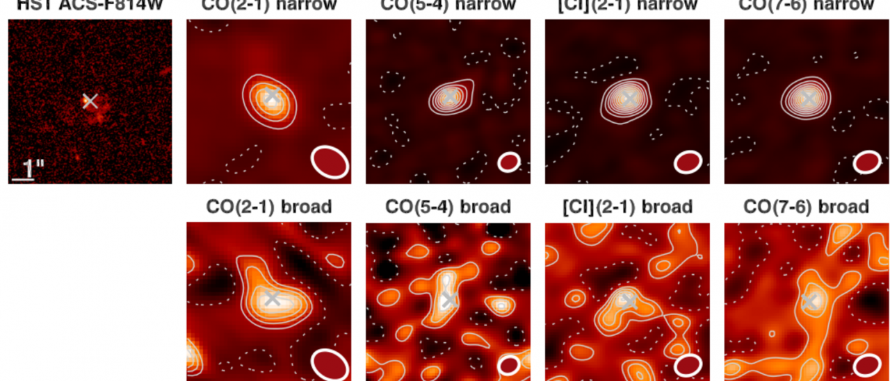 HST imaging and narrow and broad components ALMA maps of ID2299. The top-left panel shows the HST-F814W imaging of the source, sampling the UV rest-frame emission from young stars. The top (bottom) rows show the CO(2-1), CO(5-4), [CI](2-1) and CO(7-6) ALMA maps of the narrow (broad) emission