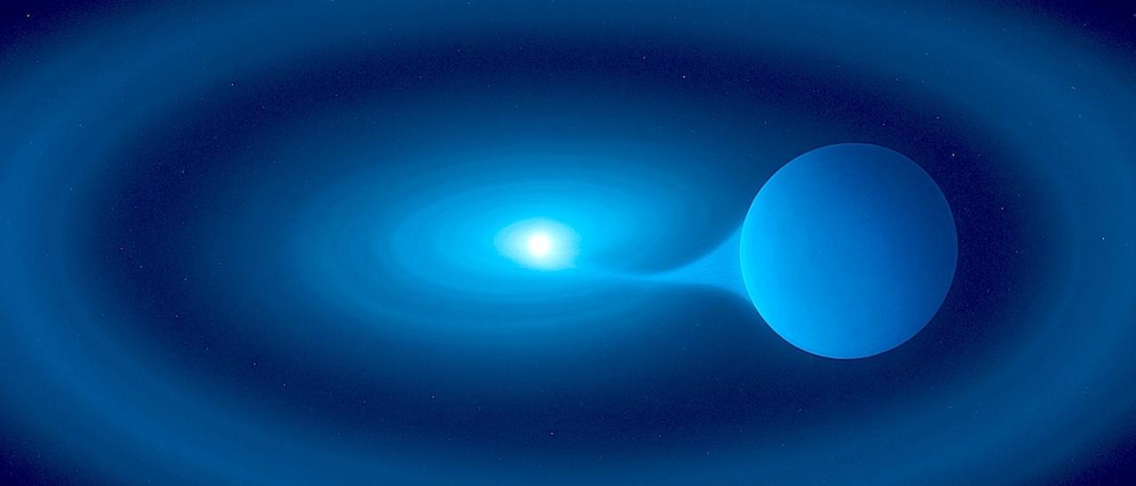Representación artística del sistema estelar V Sagittae, donde una enana blanca superdensa extrae materia de su compañera más grande. Al no poder asimilar toda la masa transferida, se forma a su alrededor un brillante anillo de gas.