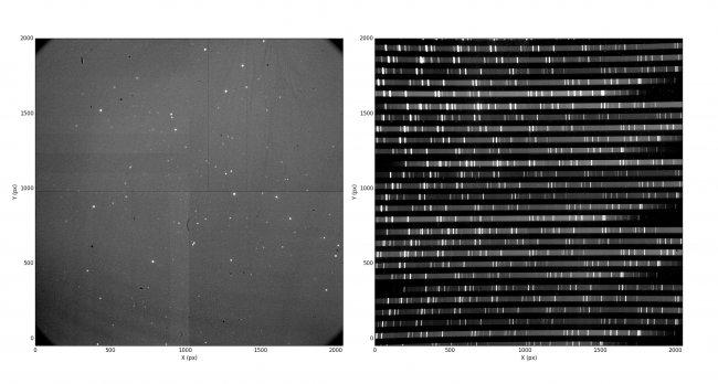 On the lift, first image obtained with EMIR of the globular cluster NGC5053 in the J filter. The image on the rigt shows the first spectra obtained with EMIR with calibration lamps. Credit: Gran Telescopio CANARIAS (GTC).