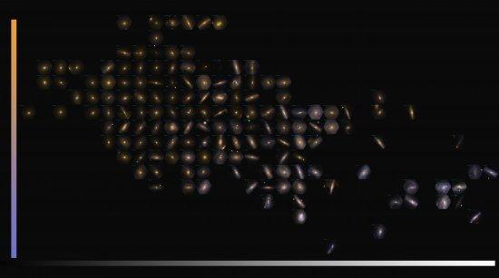 The colour-magnitude diagram of 151 galaxies observed by CALIFA. For each galaxy it is shown a true-color image created using the B (blue), V (green) and R (red) band reconstructed images extracted from the CALIFA datacubes. In this diagram, the galaxies 