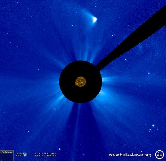 Image of the comet ISON (the bright object in the upper part of the image) post-perihelion. The image was captured by the Solar Space Telescope (SOHO, NASA-ESA), at 12.30 UT on the 29th November 2013.