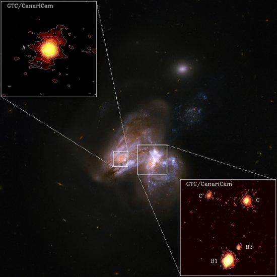 The background image is taken with the ACS instrument on the Hubble Space Telescope (HST) in the visible wavelength range combining two filters. It basically traces emission from young and evolved stars (blue) and regions of high dust content (red, in the