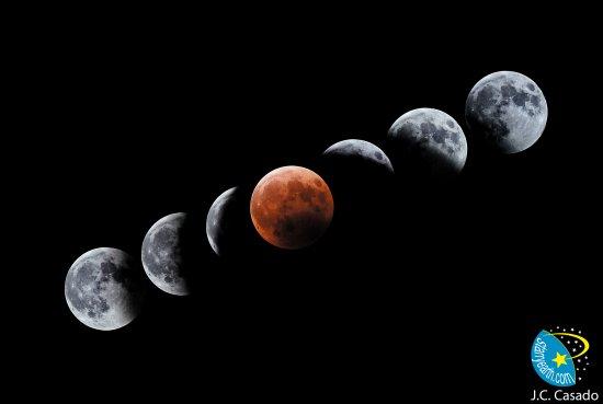 Progress of the total eclipse of the Moon of 4 May, 2004 (Pico Viejo, Mount Teide, Tenerife, Spain). Note the red hue of the Moon (centre image) during totality. ( Photo credit: J.C. Casado - tierrayestrellas.com) 