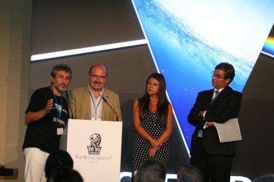 Garik Israelian, Starmus 2014 director; Rafael Rebolo, IAC director; Carmen Delia Herrera, councilor of the Cabildo Insular de Tenerife, the Island Parliament; Juan Ruiz Alzola, Director Generial of the Canarian Agency for Research, Innovation, and the th