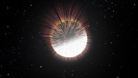 Simulation of the magnetic field distribution (represented by lines whose lengths are proportional to the field strength) in a “cool” white dwarf. The darker zone is a cooler region where the intense magnetic field has partially blocked the convection, wh