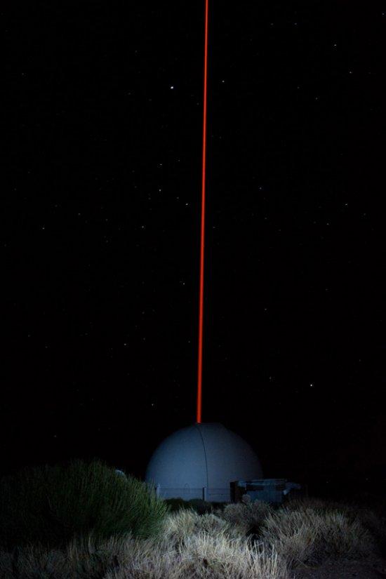 First light of the ESO Wendelstein Laser Guide Star unit at the Teide Observatory, Tenerife. Credits: Rosa Macías.