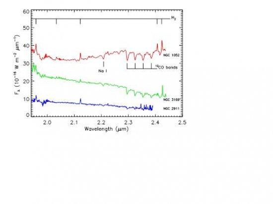 K-band nuclear spectra of LLAGN extracted from our SINFONI data in r = 0.3” apertures. The prominent emission lines are from H2 (marked at the top of the figure), the strongest being 1-0 S(1) at 2.12 μm. Several stellar absorption features (like the 12CO 