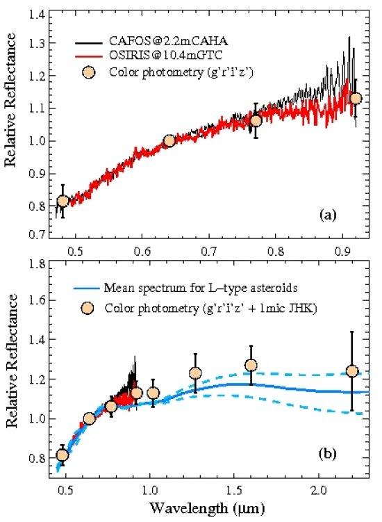 (a) Visible spectra of DA14 obtained with CAFOS at the 2.2m CAHA telescope (black) and OSIRIS at GTC (red). Filled circles are the reflectance R values obtained from the fotometry. (b) Same as the top panel, but adding the R values for the near-infrared. 