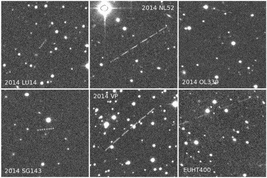 Figure caption: NEA discovery stack images. The field of view (FOV) is 2 arcmin x 2 arcmin in normal sky orientation. 2014 OL339 could be barely seen in the upper side, while for EUHT400 we include only the last four of the available six images.