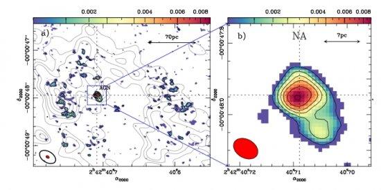 Dust continuum emission at 694 GHz (432 μm) mapped by ALMA in the CND of NGC 1068. The right panel shows a close-up of the dust continuum emission shown in left panel.