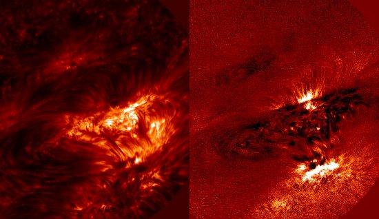 Left: Chromospheric image of a chromospheric active region at -161 mÅ from the core of the Ca II 8542 line, where fibrils are covering almost the entire field-of-view. Right: Circular polarization image (Stokes V) at the same wavelength, quantifies the st