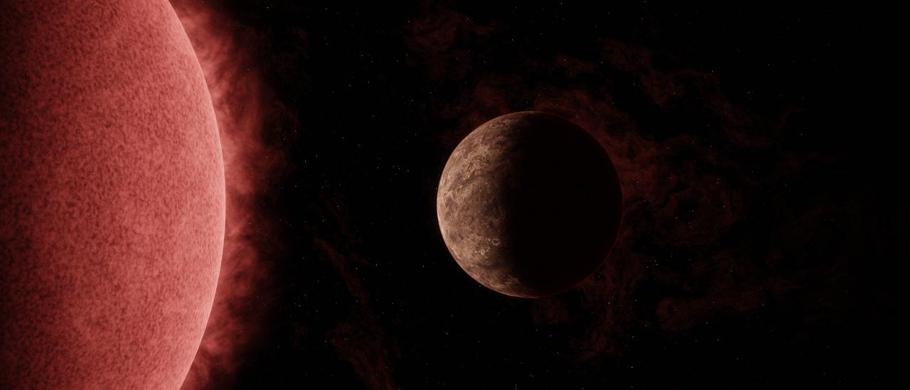 Representación artística del exoplaneta SPECULOOS-3 b en órbita alrededor de su estrella enana roja. El planeta es tan grande como la Tierra, mientras que su estrella es ligeramente mayor que Júpiter, pero mucho más masiva. Crédito: NASA/JPL-Caltech