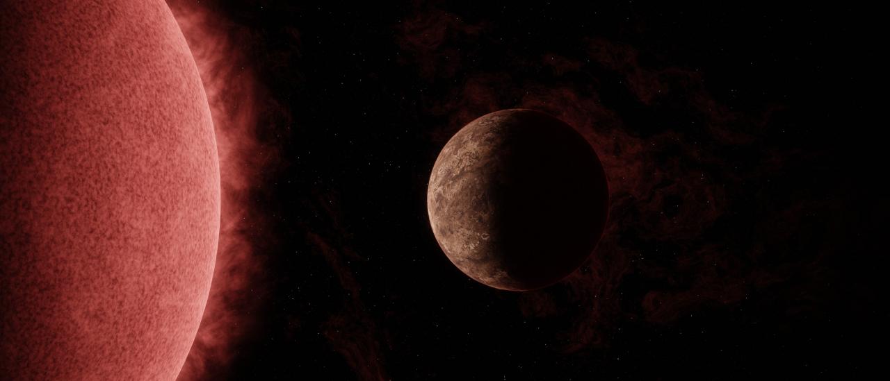 An artist’s concept of the exoplanet SPECULOOS-3 b orbiting its red dwarf star. The planet is as big around as Earth, while its star is slightly bigger than Jupiter – but much more massive. Credit: NASA/JPL-Caltech