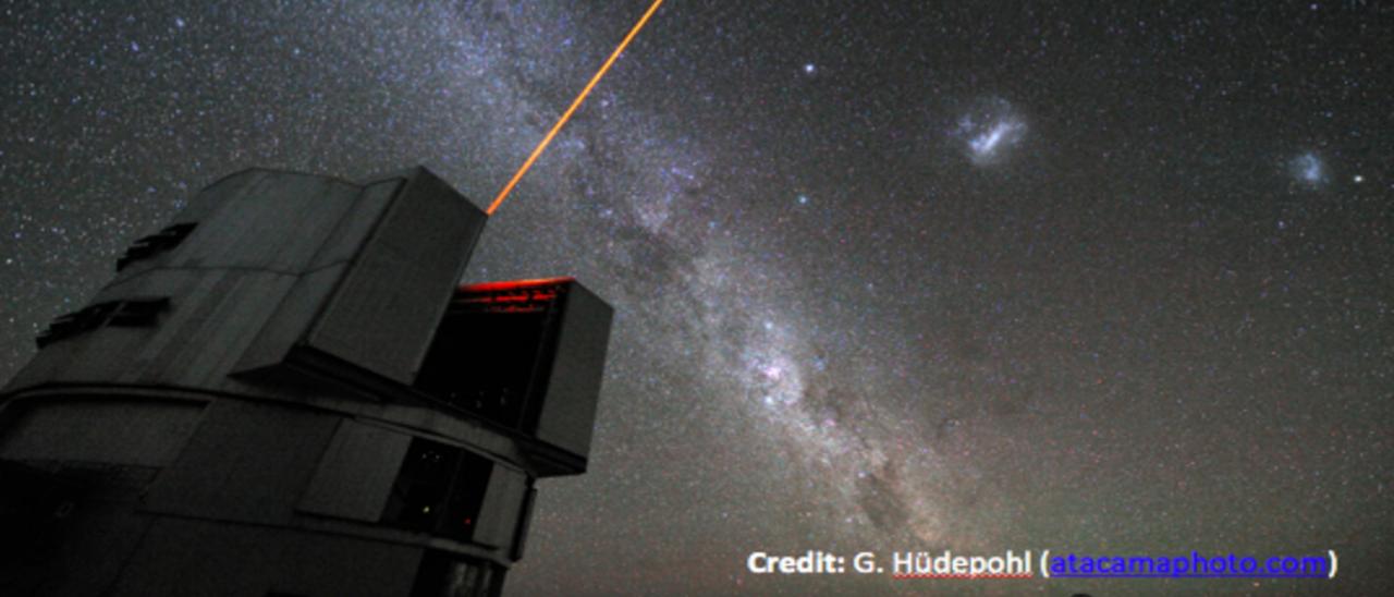 Una vista de nuestra galaxia, la Vía Láctea, con sus vecinos cercanos,  las Nubes de Magallanes