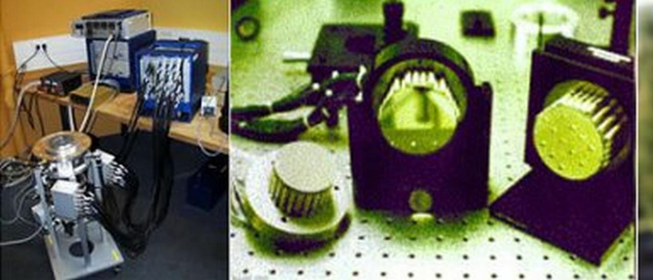 Ejemplos de las tecnologías involucradas en estos desarrollos: De izquierda a derecha, sensor de frente de onda de NAOS (VLT), espejos deformables utilizados para la corrección del frente de onda y red de difracción holográfica.