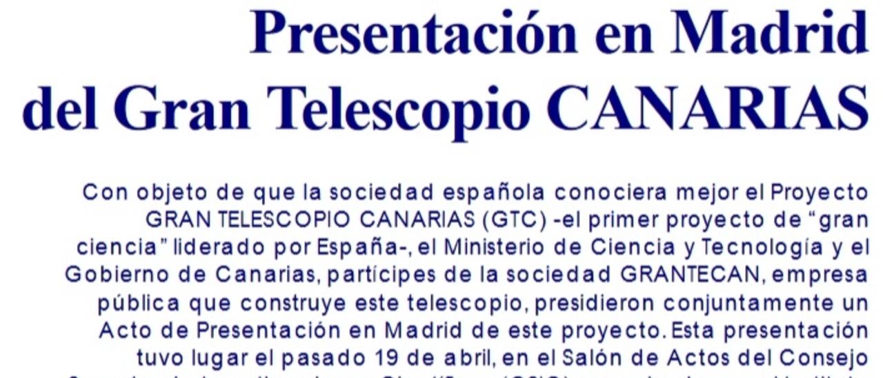 Portada Gran Telescopio Canarias (GTC). Presentación en Madrid del Gran Telescopio CANARIAS