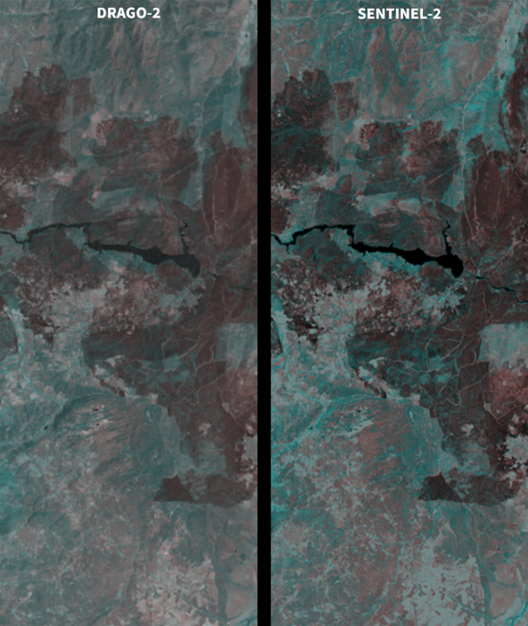 Comparativa de DRAGO-2 y Sentinel-2 sobre los embalses del Burguillo y San Juan y el río Alberche.