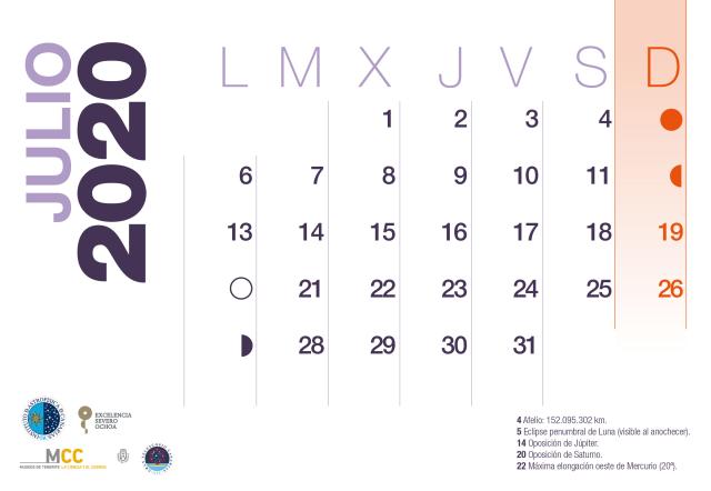 Calendario 2020 Julio