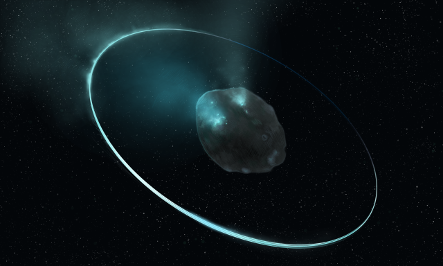 Artist's rendering of 2060 Chiron, an active centaur, surrounded by a faint debris disk. Bright ice deposits and active zones are visible on its surface. Credits: William D. Gonzalez Sierra of the Florida Space Institute