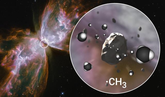 Recreación artística de la erosión de granos de carbono amorfo hidrogenado en el toro de polvo de una nebulosa planetaria joven rica en carbono, que libera radicales metilos (CH3) a la fase gaseosa