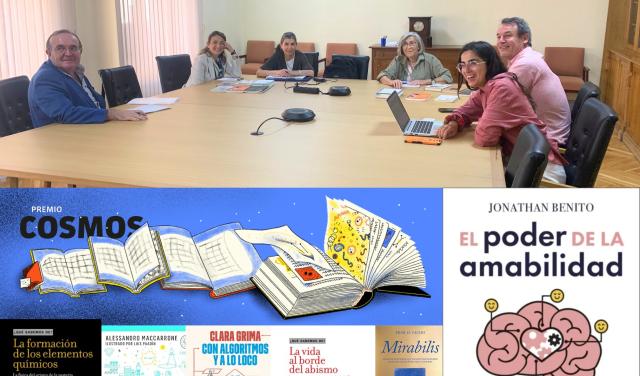 Miembros del Comité Científico Evaluador y libros participantes en la deliberación del Premio Cosmos 2026, celebrada en la Academia de Ciencias Matemáticas, Exactas, Físicas y Naturales de Madrid.