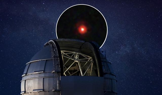 Artist's impression of the Gran Telescopio Canarias observing a Little Red Dot. Image credits: NASA, ESA, CSA, STScI, Dale Kocevski (Colby College). Composition: Gabriel Pérez Díaz (IAC).