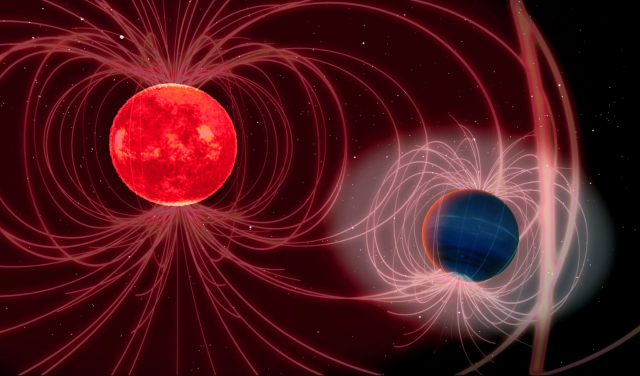 Artist’s impression of the interaction between the star (GJ 436) and the exoplanet (GJ 436 b)