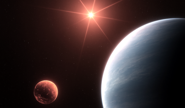 Representación artística del sistema planetario TOI-1752 y sus dos exoplanetas: el mundo de lava TOI-1752 b y el potencialmente habitable TOI-1752 c. Crédito: Alberto Peláez Torres (IAA-CSIC)