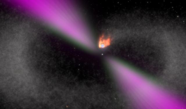 Una imagen ilustrada de un púlsar viuda negra y su compañera estelar. Créditos: NASA's Goddard Space Flight Center/Cruz deWilde