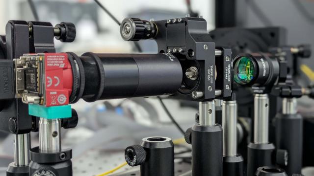 Laboratory optical setup showing the small multimode fibre encapsulated inside a white ferrule and used to experimentally verify the sensor’s behaviour.