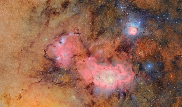 Las primeras imágenes de las nebulosas Trífida y Laguna captadas por el Observatorio Vera C. Rubin. Esta imagen combina 678 imágenes separadas tomadas en poco más de siete horas de tiempo de observación